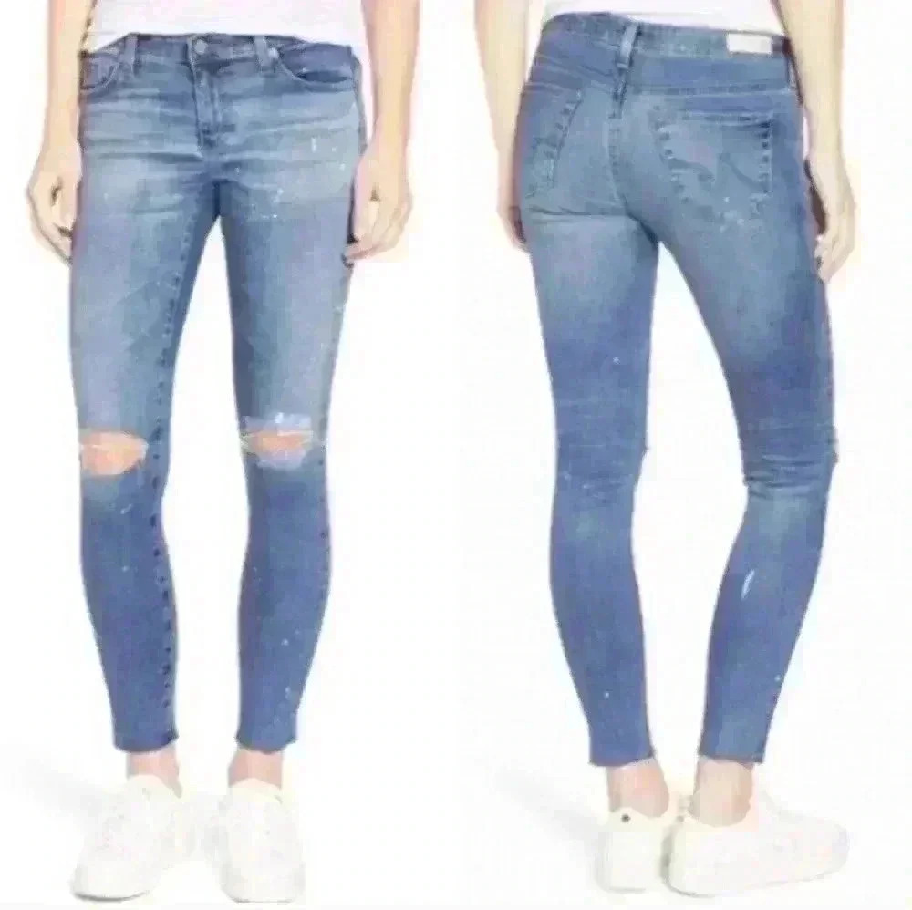 P7034 ag legging ankle white paint splatter distressed jeans size 27